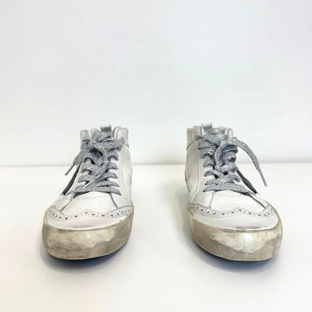 Golden Goose Mid Star White Leather Silver Glitter Lace Sneakers 38 Wingtip Shoe - Picture 2 of 6